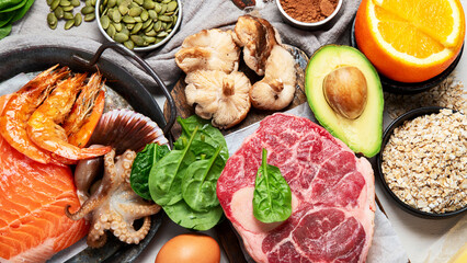 Healthy sources of zinc. Healthy eating and diet concept. Natural products containing zinc, dietary fiber and vitamins.