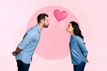 Composite collage image of two peaceful partners closed eyes pouted lips kiss connection heart symbol isolated on painted background