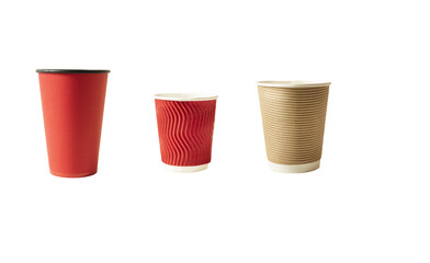 Three cardboard cups of different colors and sizes. Isolate on white. PNG
