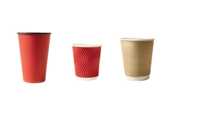 Three cardboard cups of different colors and sizes. Isolate on white. PNG
