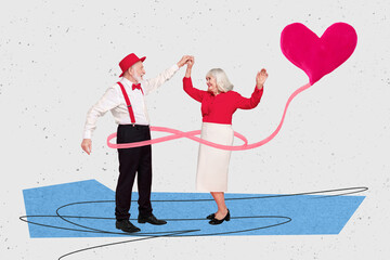Creative artwork photo collage of feel young old people dancing much years together doodle drawing...