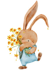 Cute Rabbit holding flower Waterolour hand paint; Cartoon hand drawn Bunny,Hare character element for Easter greeting card; Spring; Summer poster;Vector illustration 