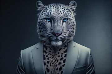 Portrait snow leopard in a business suit on an isolated black background, generative ai