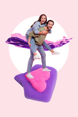 Vertical collage picture of two cheerful excited partners piggyback stand huge like notification isolated on creative background