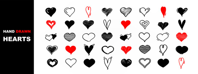 Hand drawn heart shapes in different styles illustration