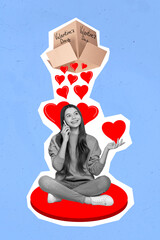 Obraz na płótnie Canvas Vertical collage of cheerful adorable black white gamma girl speak telephone carton box above head falling heart symbol