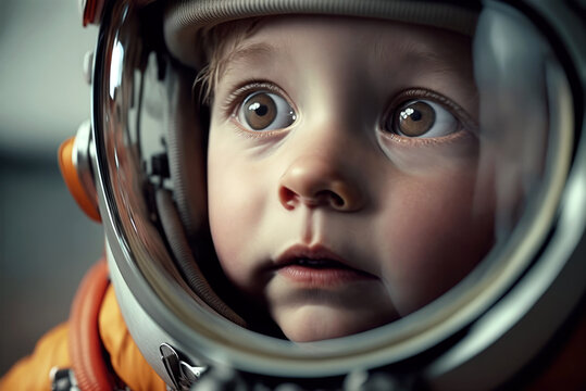 Toddler in a space suit with helmet - Generative AI