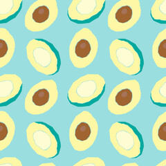 Avocado pattern, blue background, stylized tropical fruit. Vector illustration