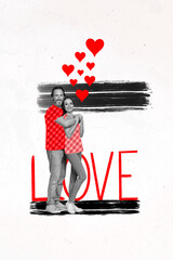 Vertical collage picture of two lovely partners black white effect cuddle drawing hears love text isolated on painted background