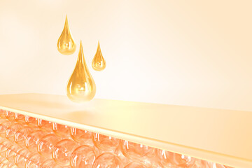 Gold oil drops, serum or collagen essence on skin cells, mockup banner 3d render. Cosmetic skincare product with abstract bubbles of skin layer, macro design structure adipose tissue - obrazy, fototapety, plakaty