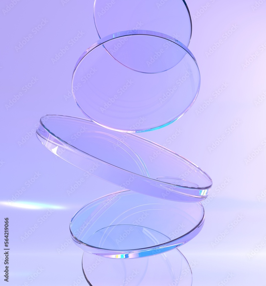 Poster iridescent crystal round disks on purple abstract geometry background 3d render, refraction effect o