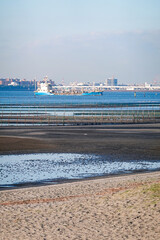 Fototapeta premium 三番瀬の干潟沖を行き交う船（千葉県ふなばし三番瀬海浜公園）