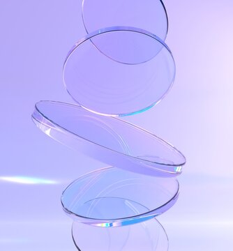Iridescent crystal round disks on purple abstract geometry background 3d render, refraction effect of rays in glass. Rainbow clear circle plates in dispersion light, modern wallpaper