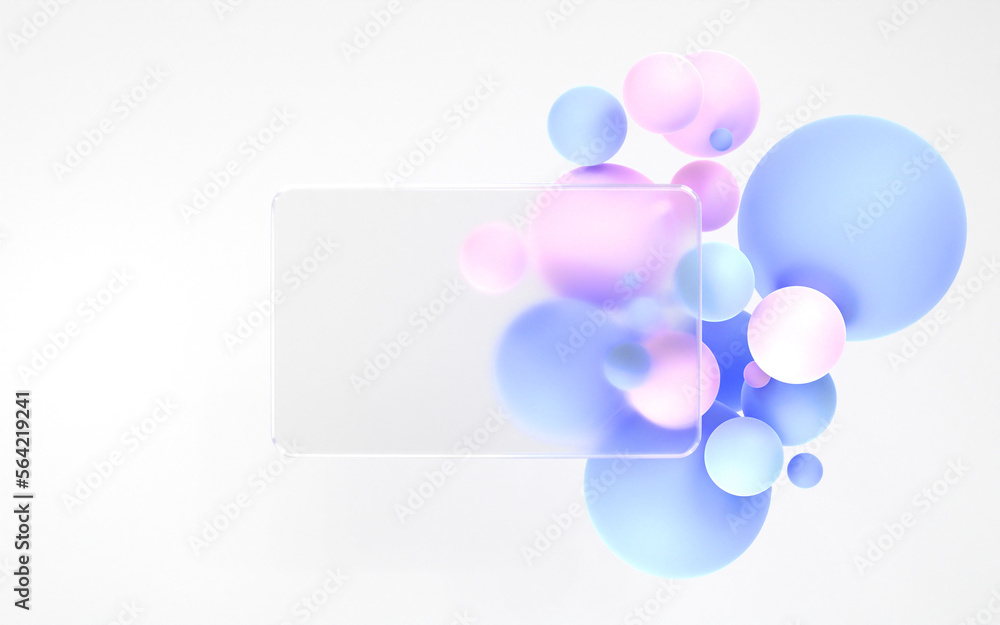 Aufkleber glass plate with glassmorphism blur effect on white background with colorful geometric spheres 3d re