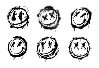 A set of hand drawn emoji icons in a graffiti style illustration with brush strokes and a gritty appearance © CHAKRart