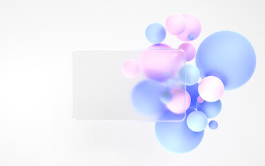 Glass plate with glassmorphism blur effect on white background with colorful geometric spheres 3d render. Rectangular translucent matte card or frame, mockup ad banner. Morphism style