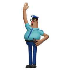 3D illustration. 3D Police Cartoon Character waving. with hands on your waist. wearing a police costume. 3D Cartoon Character