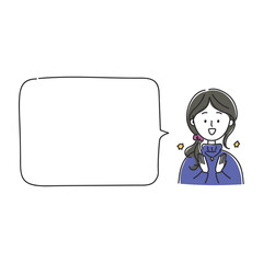 ネックレスをつけてシュシュで黒髪を結んだ女性が喜んでいるイラストとフキダシ素材