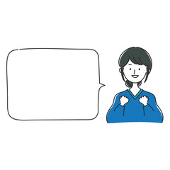 青い服を着て黒髪をおだんごにしてまとめている女性が喜んでいるイラストとフキダシ素材