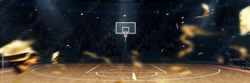 Wall mural 3d model of empty basketball arena, court, playground for game competition, championship with confet