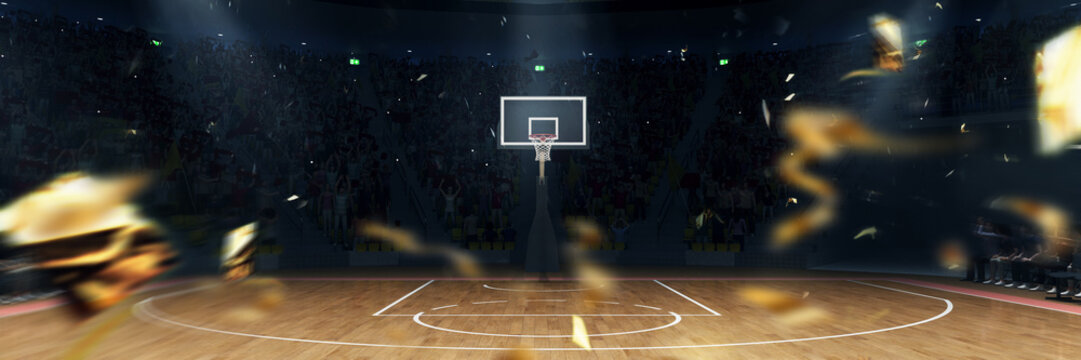 3D model of empty basketball arena, court, playground for game competition, championship with confetti. Stadium full of sport fans. Winning game. Concept of sport, action, motion. Ad, poster