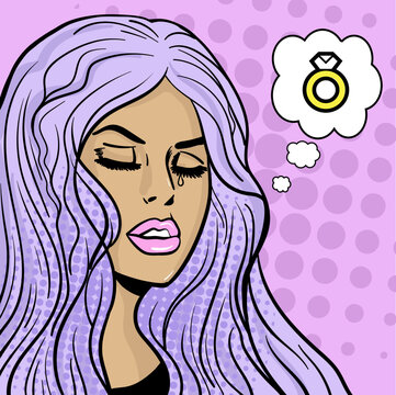 Comix cartoon lady in pop art style dreaming about a ring. Hand-drawn vector illustration in retro style.