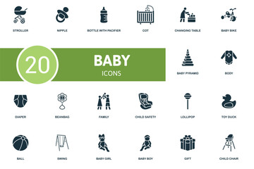 Baby icon set. Monochrome simple Baby icon collection. Stroller, Nipple, Bottle With Pacifier, Cot, Changing Table, Swing, Baby Girl, Baby Boy, Gift, Child Chair icon
