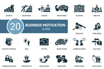 Fototapeta na wymiar Business Motivation icon set. Monochrome simple Business Motivation icon collection. Growth, Motivation, Career, Mind Power, Planning, Opportunity, Realization, Team Spirit, Persistence, Keep Going