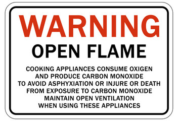 Carbon Monoxide safety sign and labels warning open flame cooking appliance produce carbon monoxide