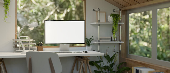 Minimal white and comfortable home working room interior design with minimal computer desk