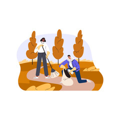 Ecology volunteers cleaning park, nature from garbage. Eco activists couple collecting trash to bag, picking litter. Voluntary environment help. Flat vector illustration isolated on white background