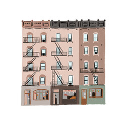 New York Manhattan Architecture Old Brick Apartment Buildings Hand drawn color illustration