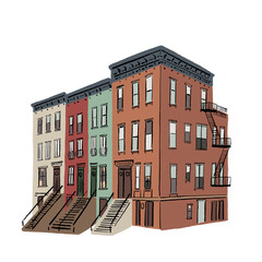 Old Brick Apartment Buildings New York Manhattan Architecture Hand drawn color illustration