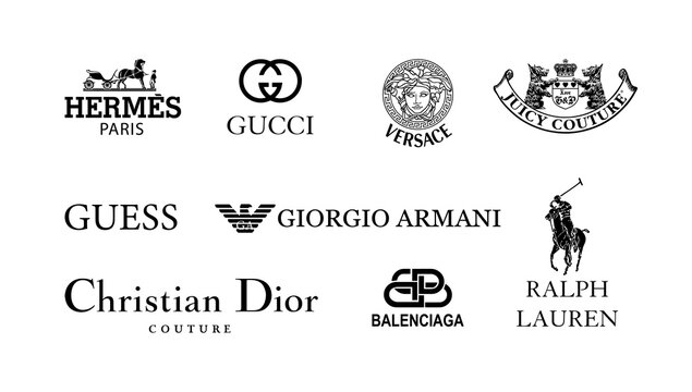 Luxury clothing brands. Hermes Paris, Gucci, Versace, Juisy Couture, Guess, Giorgio Armani, Christian Dior, Balenciaga, Ralph Lauren. Editorial