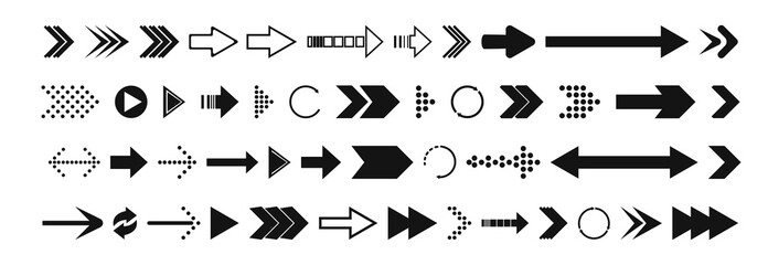 Arrows collection. Big set of Arrows Vector Icons. Arrow different shapes in modern simple flat style for web design.