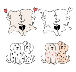 Loving dogs. Romantic pets with heart and cute hugging puppy. Vector illustration. Isolated outline drawings and colored doodle for design and decor of valentines, love postcards, printing.