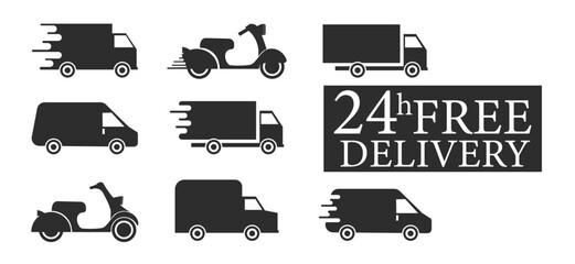 Set of delivery icons. Fast delivery, free delivery, 24 hours, truck. Delivery icons