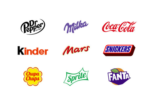 Sweets brands. Fanta, Sprite, Coca Cola, Snickers, Kinder, Milka, Dr Pepper, Mars, Chupa Chups. Factory of fast food, sweets, chips, soda, juices. Editorial
