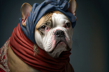 Bulldog dog wearing a fashion clothes and accessory. Pet portrait in clothing. Dog fashion. Post-processed generative AI