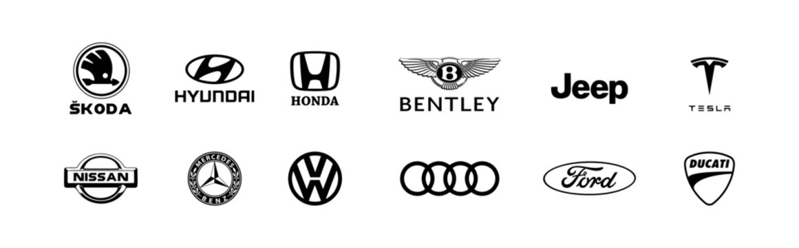 Collection of different brands of cars. Nissan, Mercedes Benz, Tesla, Ducati, Lada, Skoda, Cadillac, Honda, Ford, Volkswagen, Huyndai, Bentley. Editorial