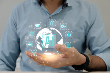 Businessman holding the world and display virtual screen artificial intelligence (AI) to manage business processes through various icons, and artificial intelligence concepts.
