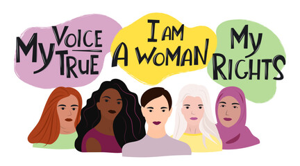 Women of nationally different countries. Women's Day. Set of women. Freedom, equality and independence. Illustraition on the topic of female labor, power and feminism