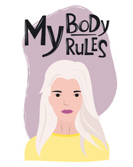 European woman isolated on white background. Woman is talking for her rights. Illustraition on the topic of female labor, power and feminism. Women's Day. Motivation card. 