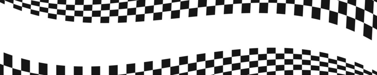 Waving race flags background with plase for text. Chess game or motocross, rally competition wallpaper. Warped black and white squares pattern. Checkered winding texture