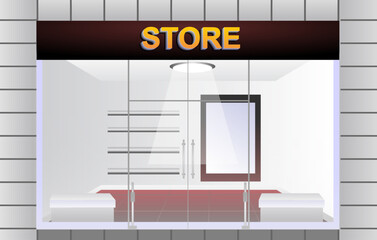 illustration of shop facade withglass window and doors. 
