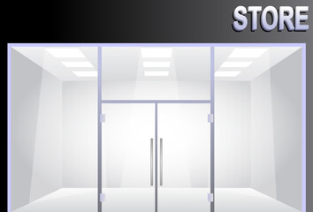 illustration of shop facade with 

glass window and doors. 
