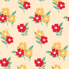 Seamless floral pattern with simple large plants. Cute botanical print, summer, spring ditsy surface design with hand drawn flowers, leaves on light background. Vector illustration.