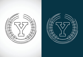 Initial letter Y with wheat wreath. Organic wheat farming logo design concept. Agriculture logo.