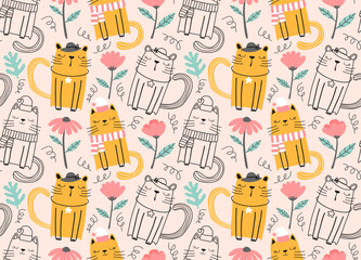 Seamless pattern with cute cats. Seamless childish pattern with cute cats .