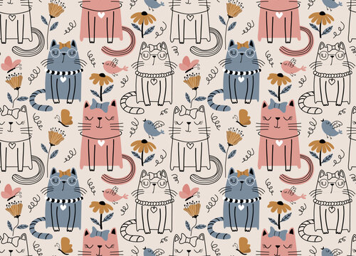 Seamless pattern with cute cats. Seamless childish pattern with cute cats .